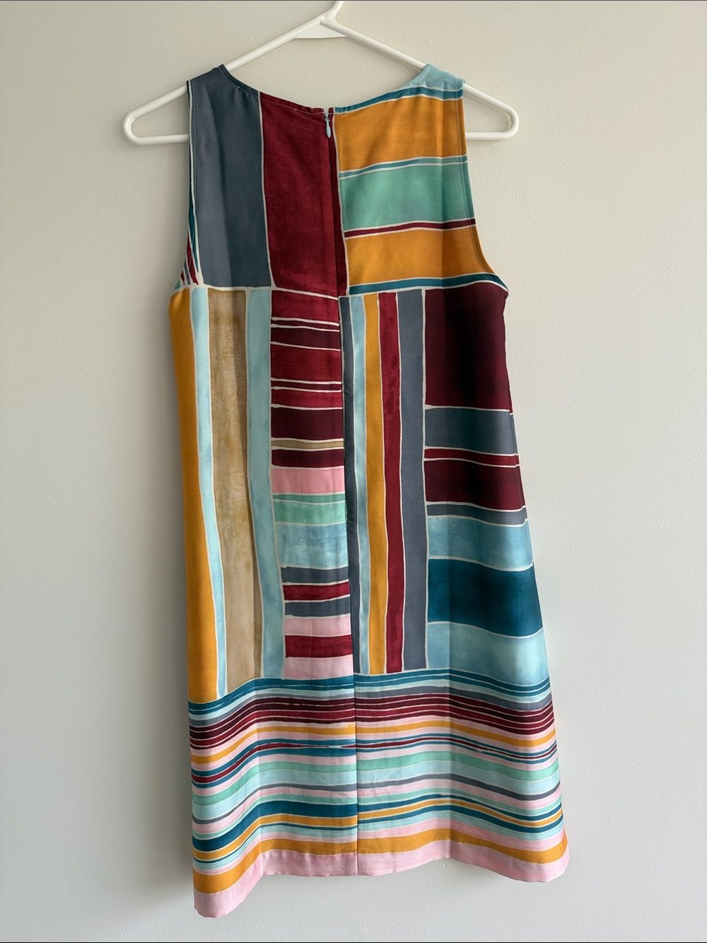 LOFT Multi-Stripe Sleeveless Mini Dress in Teal, Mustard & Burgundy - Picture 2 of 4